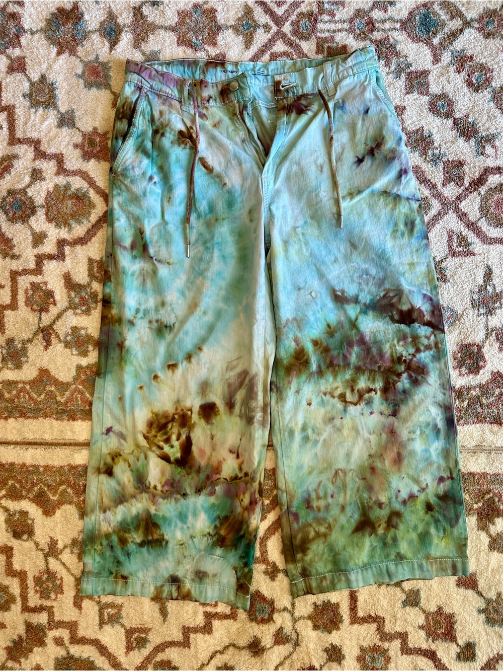 Unique Tie-Dye Wide Leg Drawstring Pants - Teal & Brown